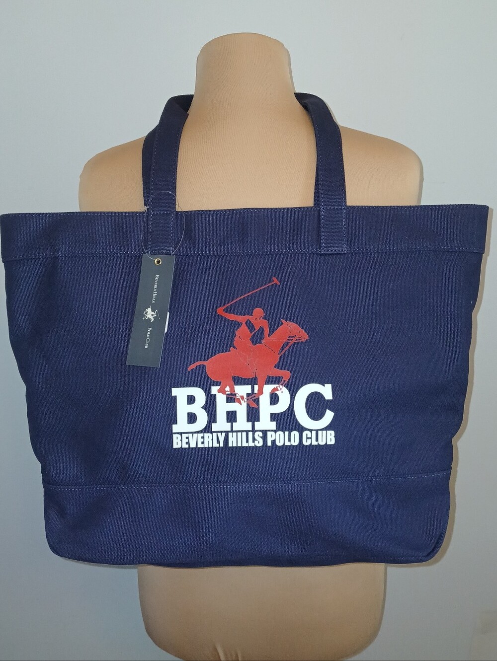 Beverly Hills Polo Club Cotton Canvas Tote, Navy with Red Logo, Large